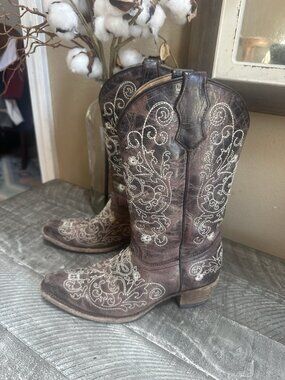 Corral Cowboy Boots Size 2.5 Youth Brown Leather  Stitched Cowgirl Mid Calf Shoe